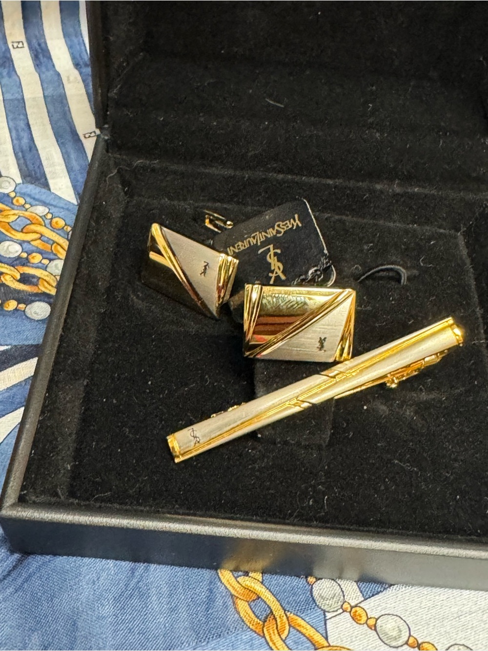 Yves Saint Laurent Two-Tone Gold and Silver Cufflink and Tie Clip Set